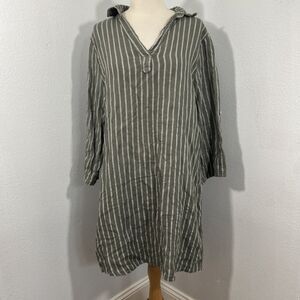 Tempo Paris Tunic Womens M Olive Green Striped Linen Langenlook Resort Summer